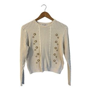 Hev Women's Sweater Cottagecore Size Large Cable Knit Embroidered Long Sleeve